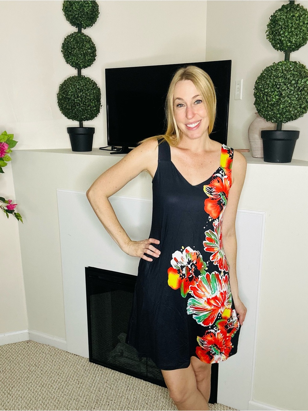 New Amazon Black Sleeveless Mini Dress with Red and Orange Floral Print